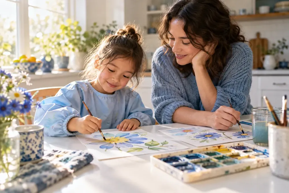 A parent and child painting flowers together.