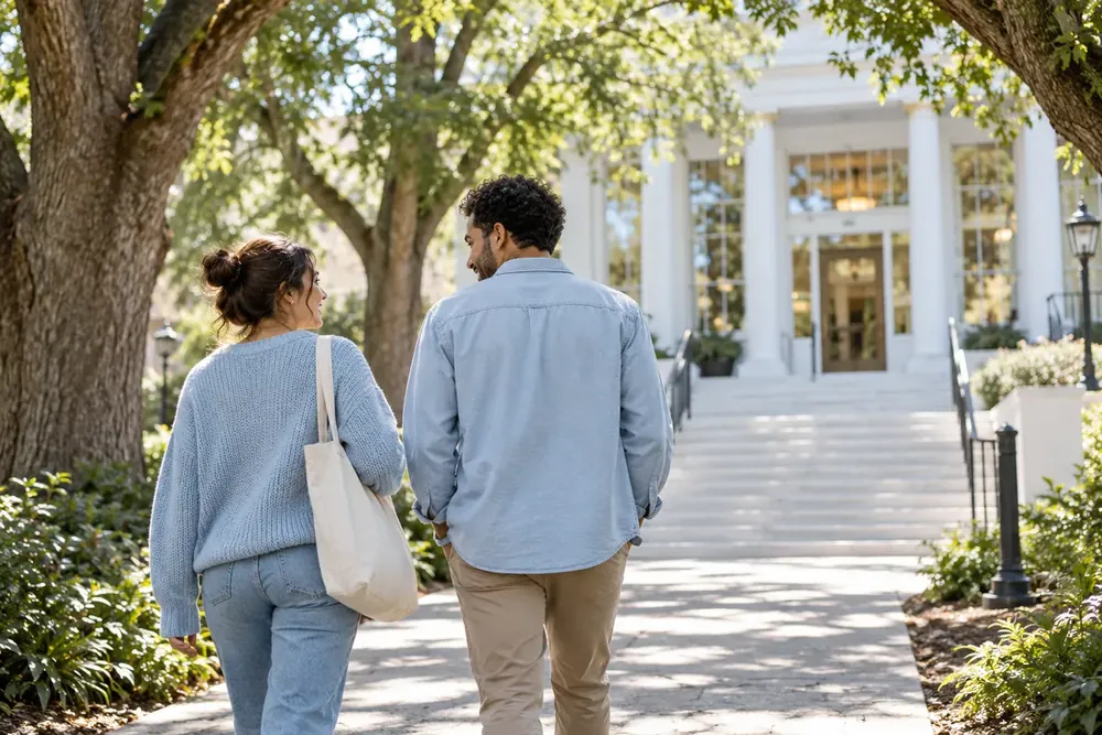 Two adults walking toward a bright community building.