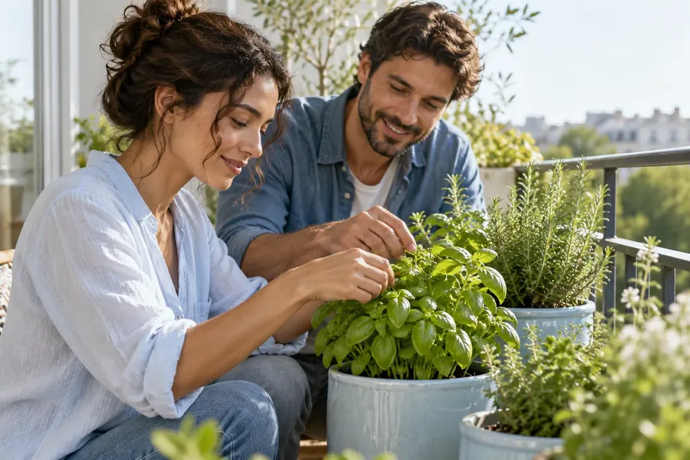 Two adults tending herbs in blue pots on a balcony.