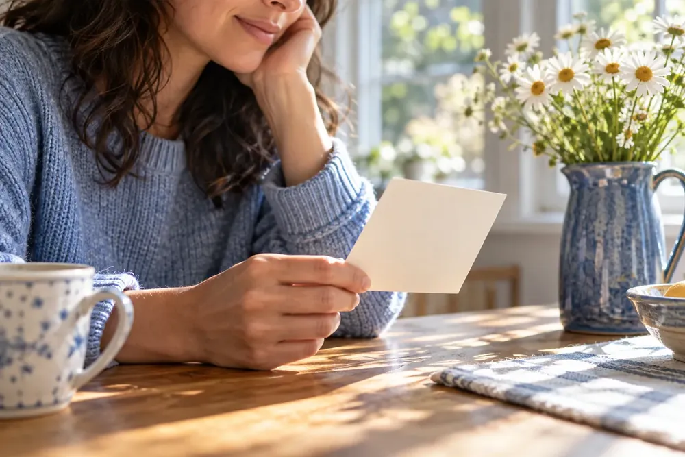 An adult holding a blank postcard at a sunlit table.