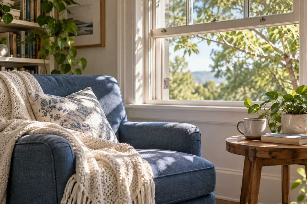 A blue armchair and white throw beside an open window.