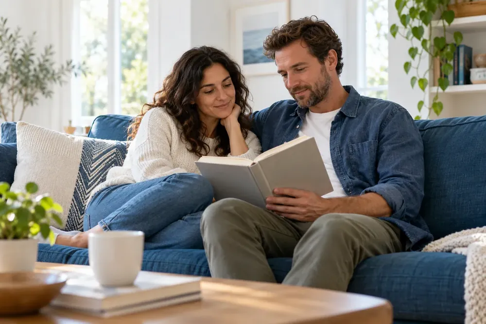 Two adults reading together on a blue sofa.