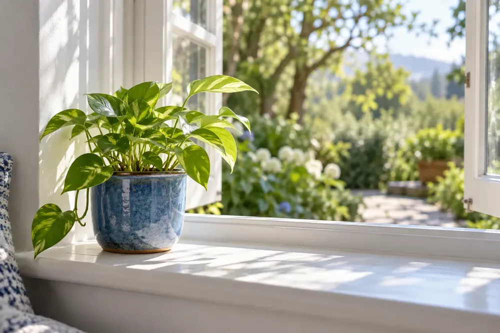 A green plant in a blue pot on a sunny windowsill.