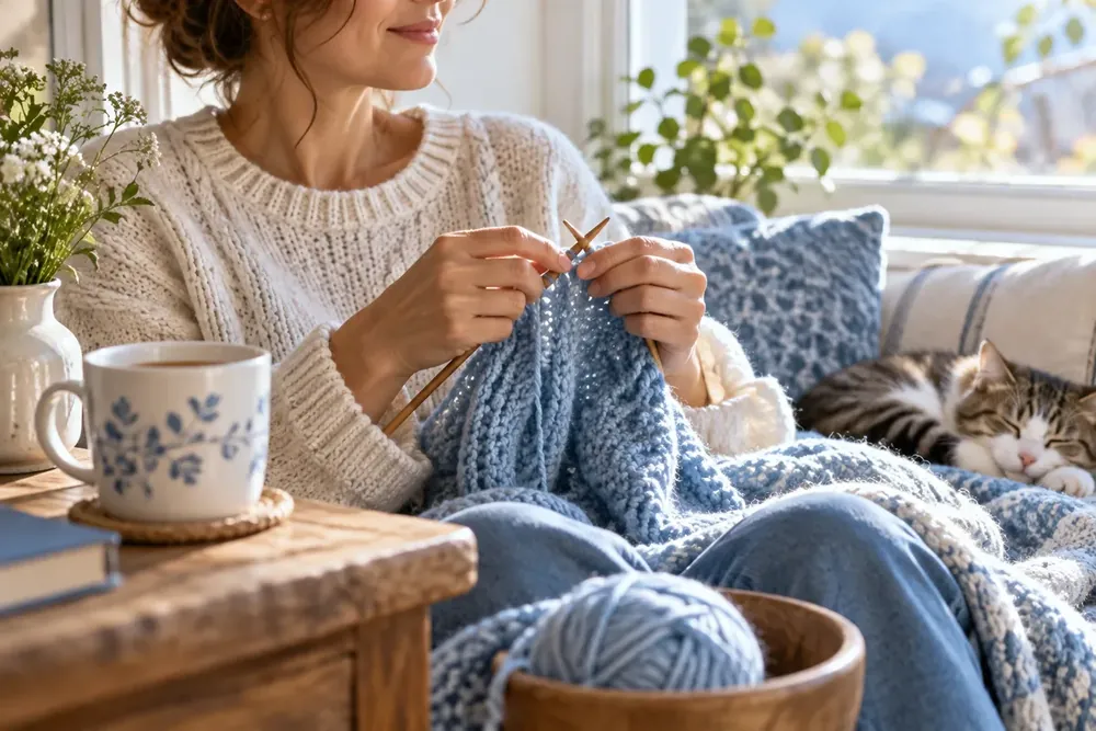 Hands knitting with pale blue wool beside a cup of tea.
