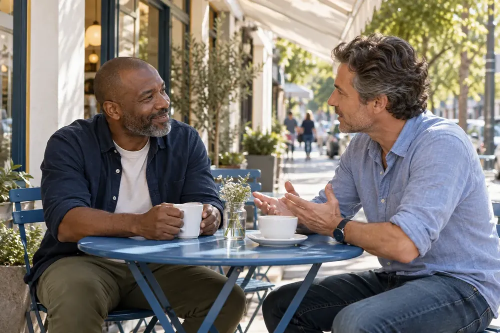 Two middle-aged adults talking at an outdoor cafe.