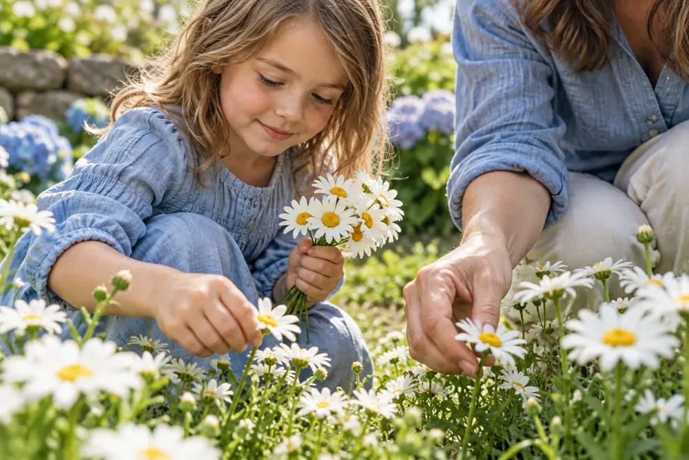 A parent and child gathering daisies in a garden.