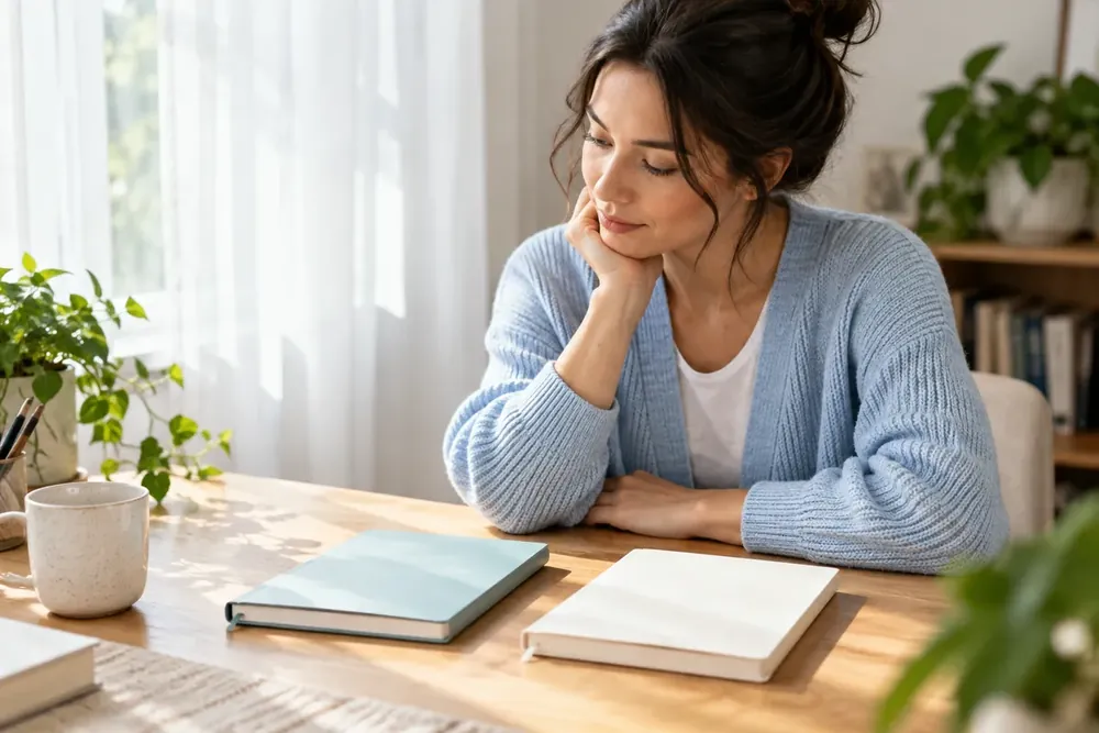 An adult considers notebooks at a bright desk.
