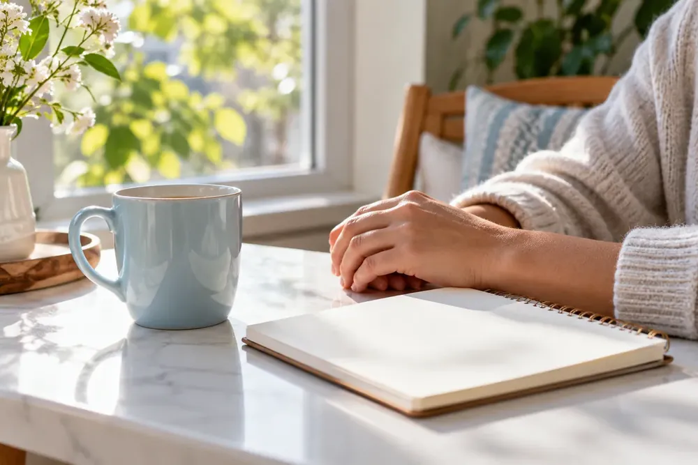 Relaxed hands rest beside a journal and mug in natural light.