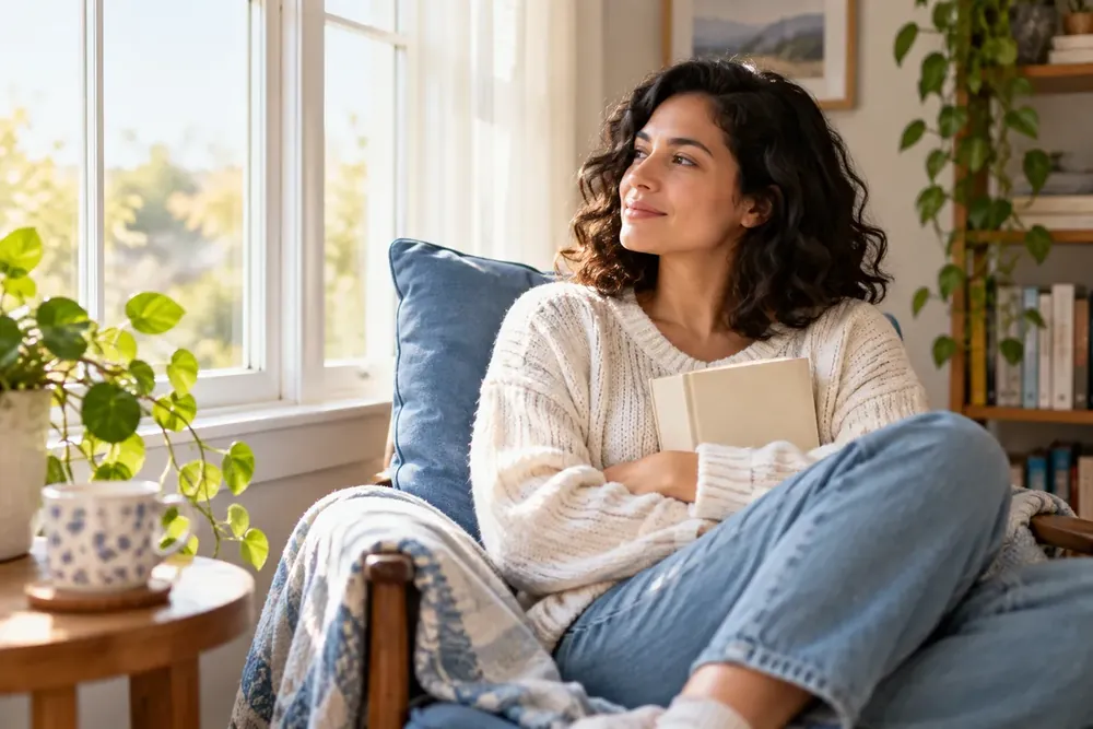 An adult reflects in a sunlit reading nook.