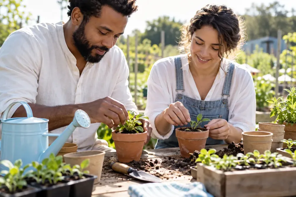 Two adults plant seedlings together at a garden table.