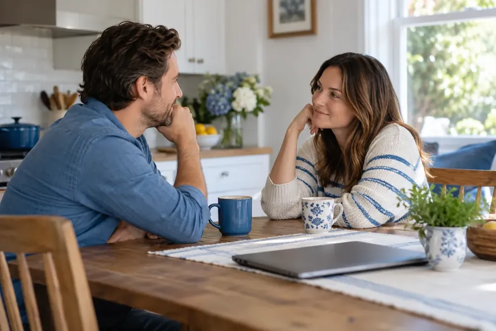 A couple talks at a kitchen table with a laptop set aside.