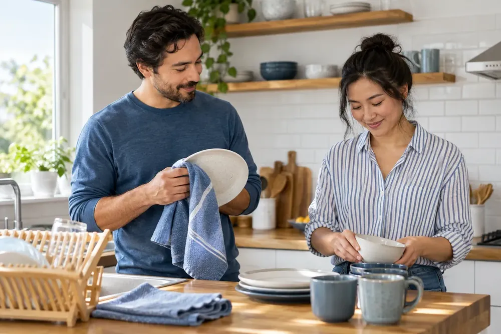 Two adults share kitchen tasks in a bright home.