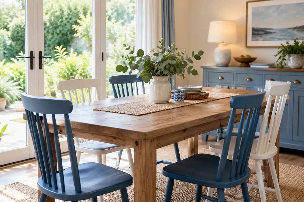 A bright family dining space with blue and white chairs.