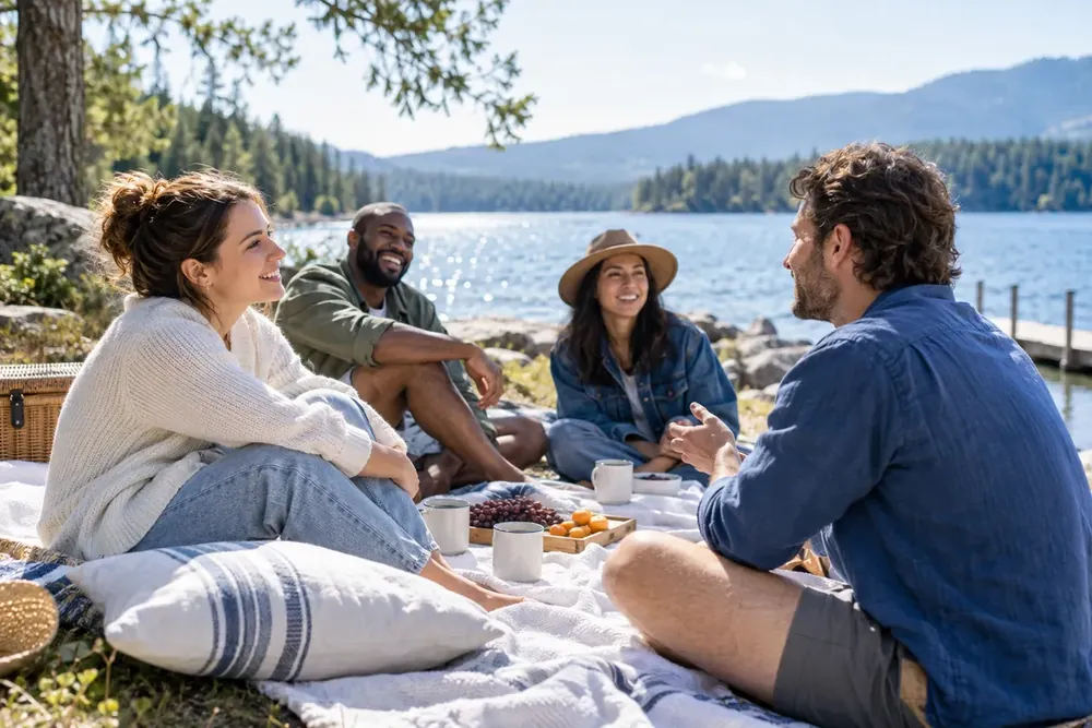 Friends share a relaxed lakeside picnic.