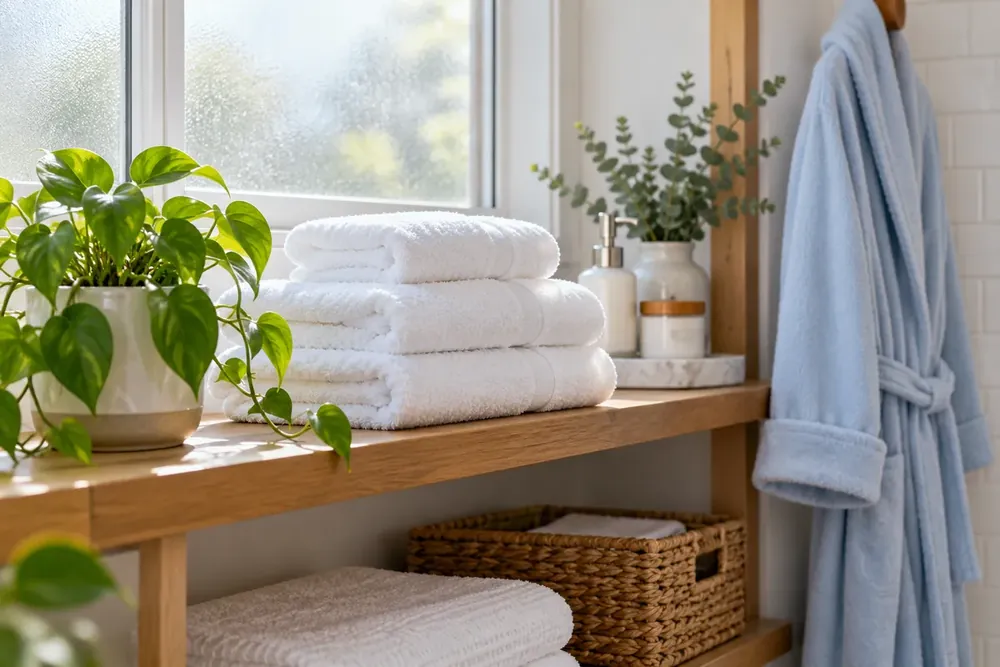 Fresh towels and a blue robe in a bright bathroom.