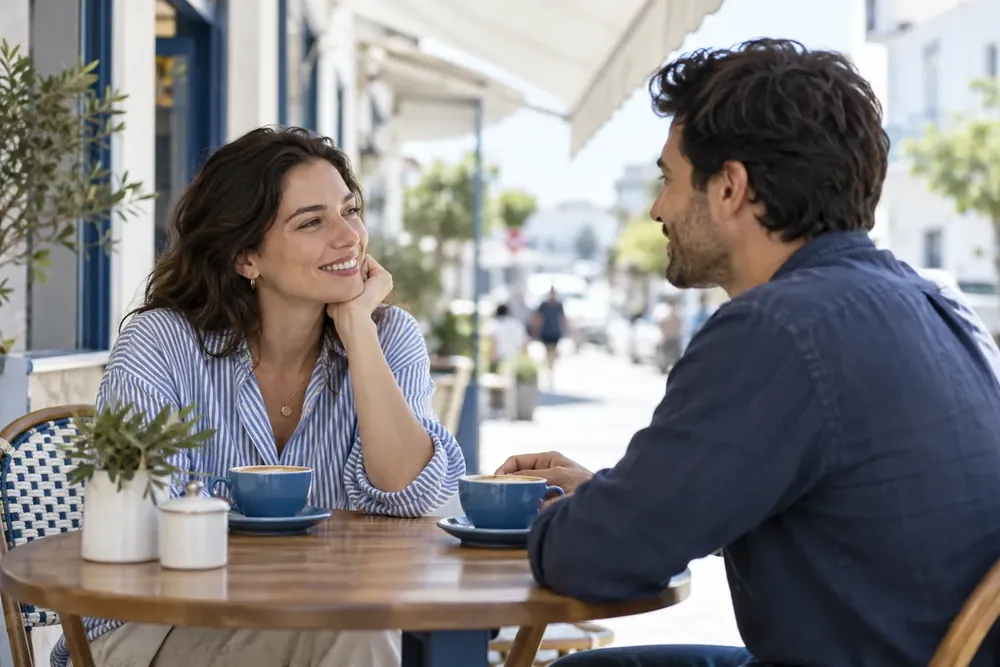 Two adults practice conversation at an outdoor cafe.