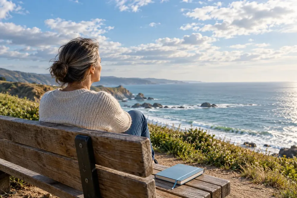 An adult reflects on a coastal bench beside a journal.