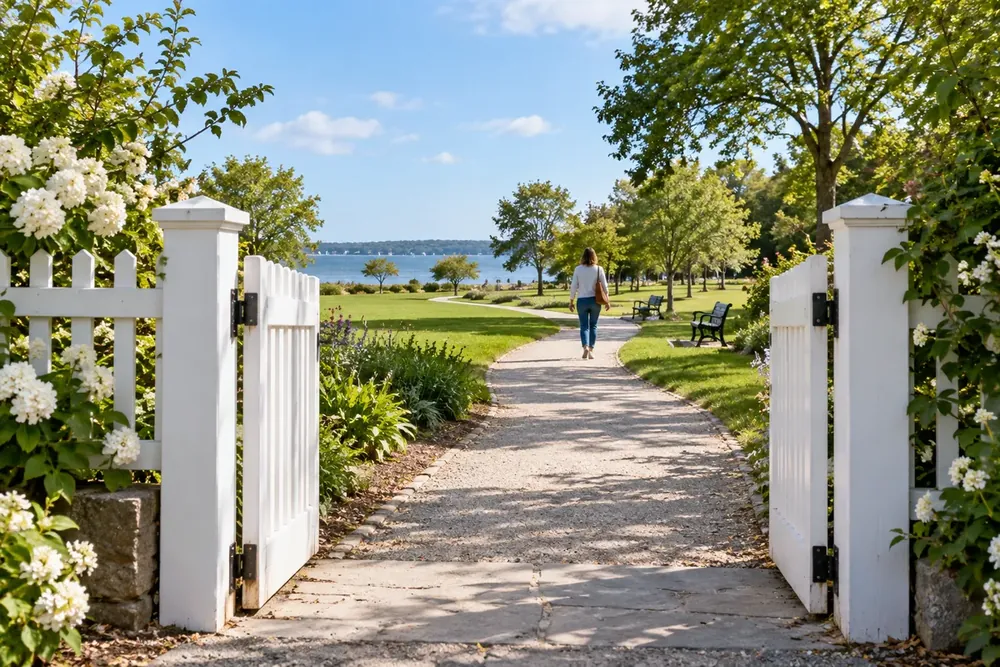 An open garden gate leads to a peaceful park path.