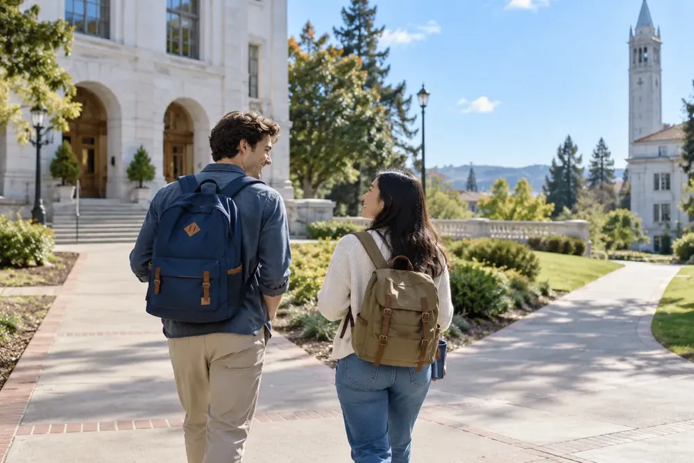 Two students walk across a bright college courtyard.