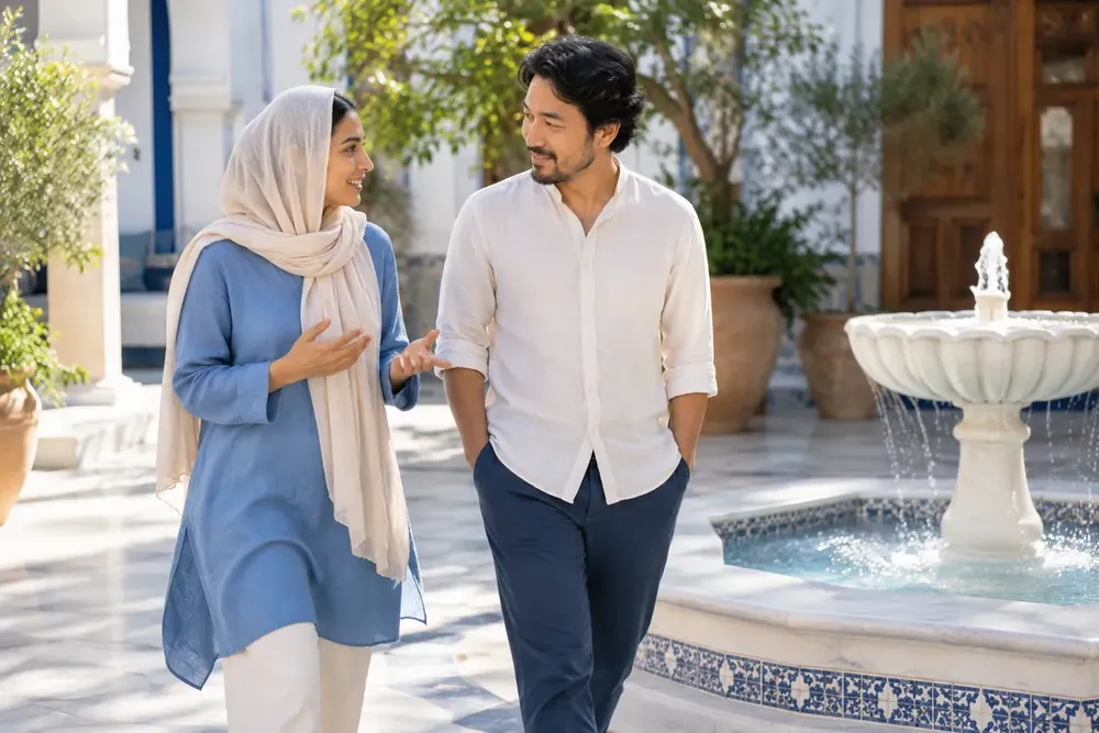 Two adults talk beside a courtyard fountain.