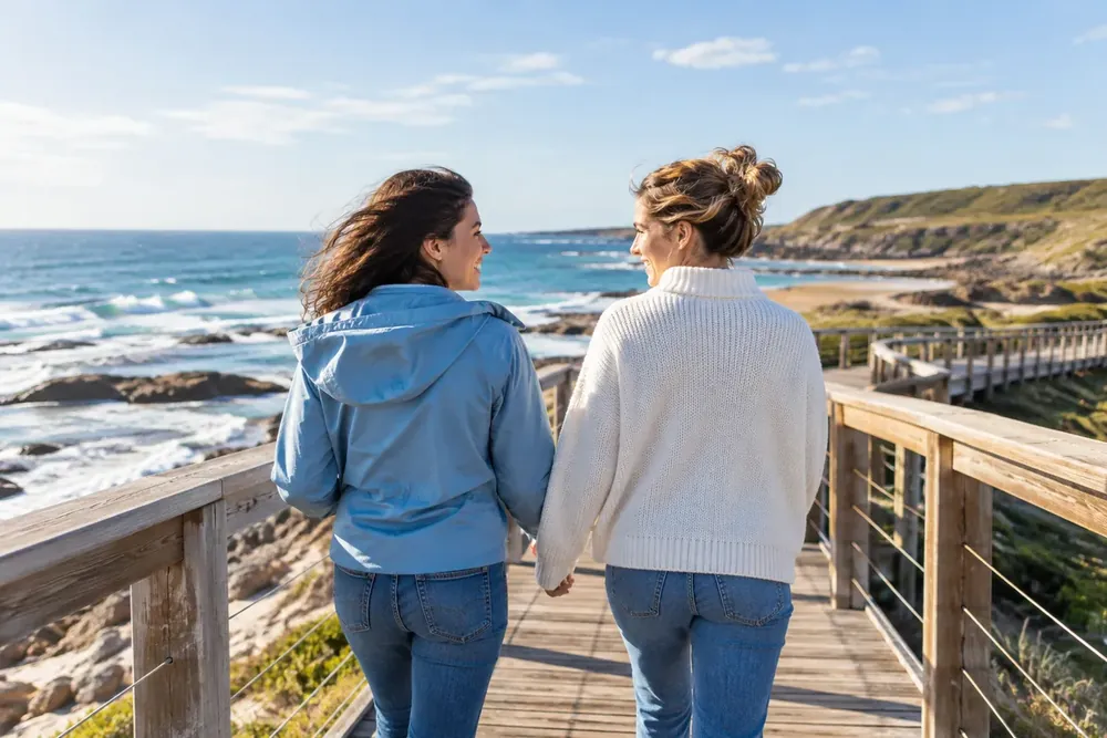 Two friends walk together along a coastal boardwalk.