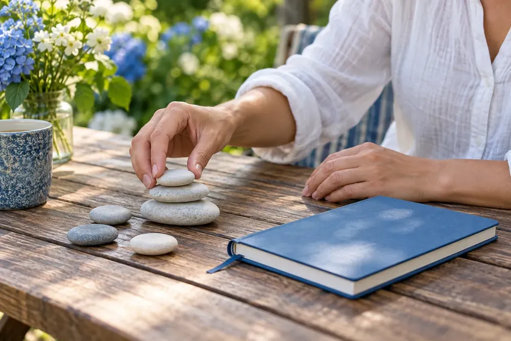 Hands arrange stones beside a journal on a garden table.