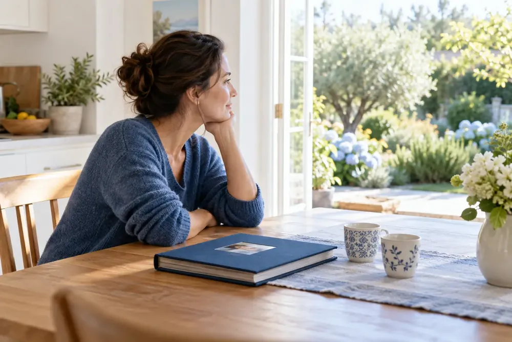 A parent reflects at a kitchen table beside a family album.
