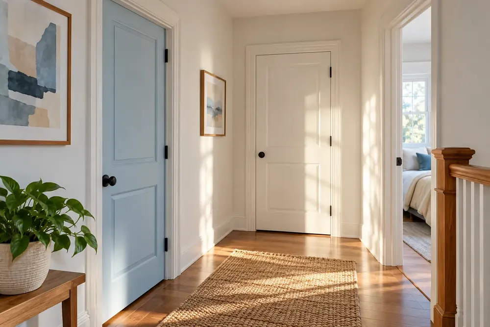 Separate bedroom doors in a bright family hallway.