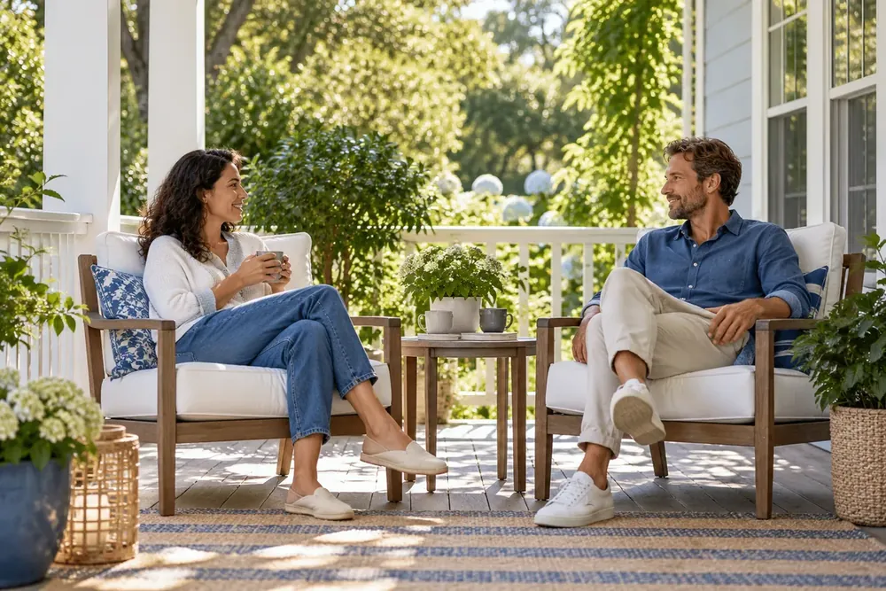 Two chairs share equal space on a sunlit porch.