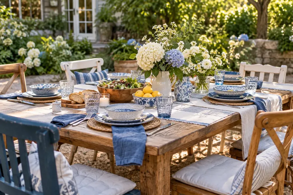 An inviting garden table has space for several people.