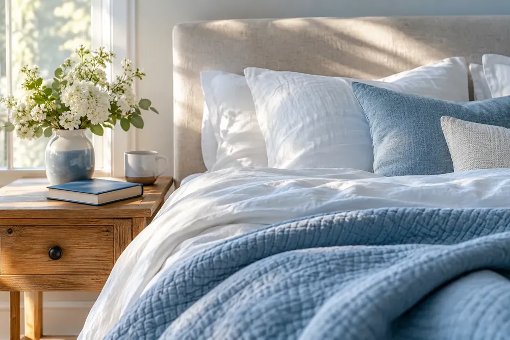 Morning light falls across a bed and bedside flowers.