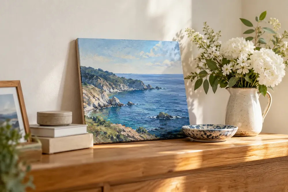 A coastal painting and white flowers rest on a shelf.