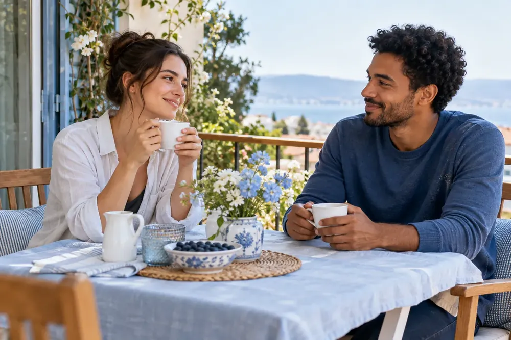 Two adults share a relaxed conversation over tea.
