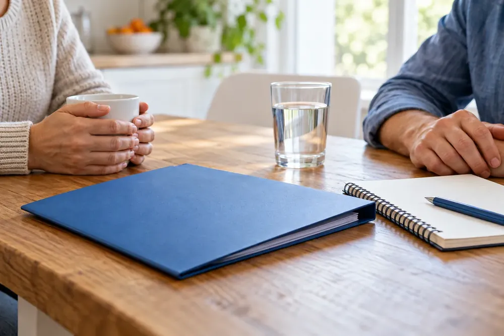 An appointment folder and notebook sit beside a glass of water.