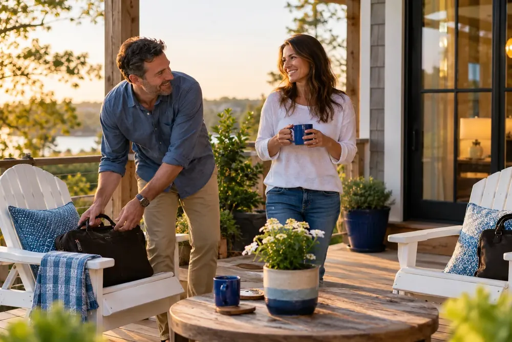 A couple shares tea on a porch after setting down work bags.
