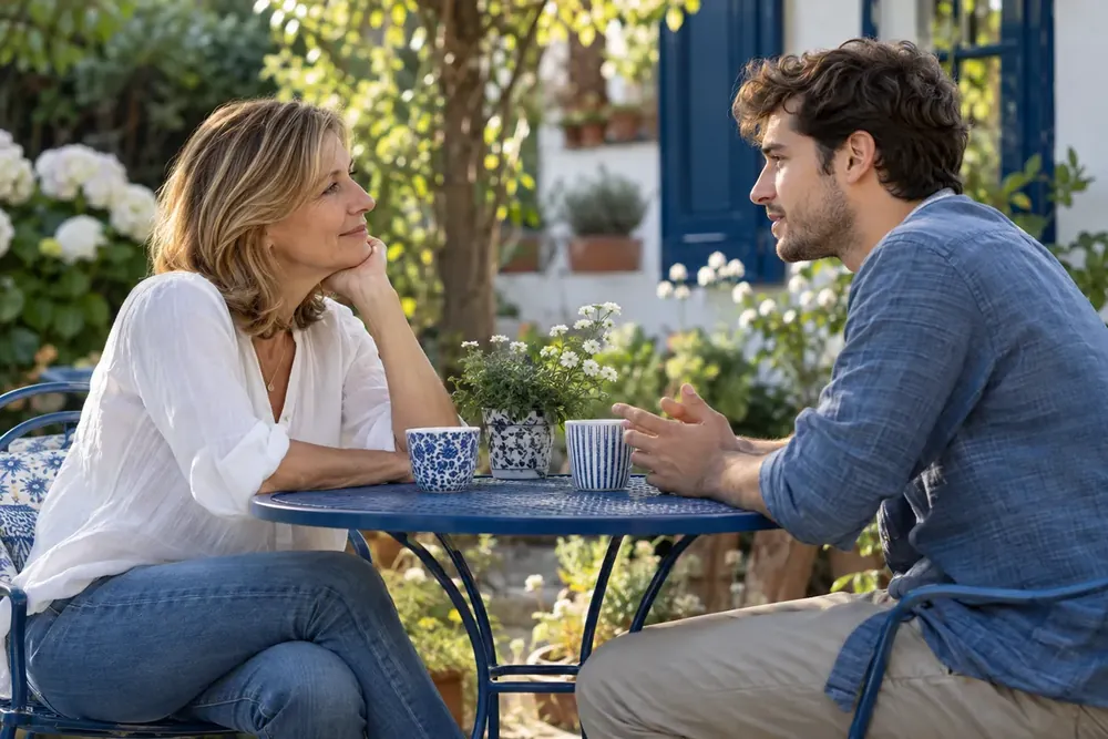 Two adults talking at a garden cafe table