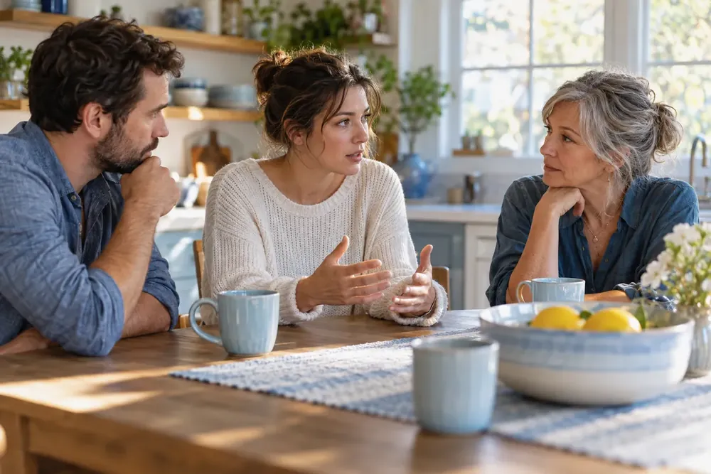 Family members having a calm conversation around a kitchen table