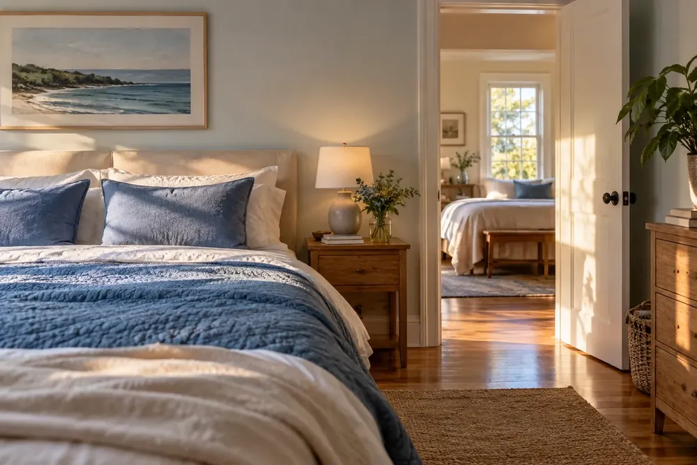 A bright bedroom with blue bedding and an open doorway