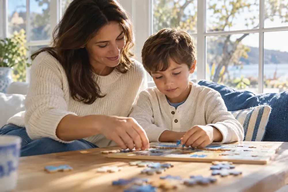 An adult and child working on a wooden puzzle beside a window