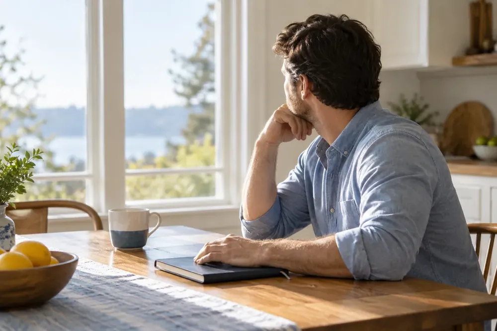 An adult pausing beside a bright kitchen window