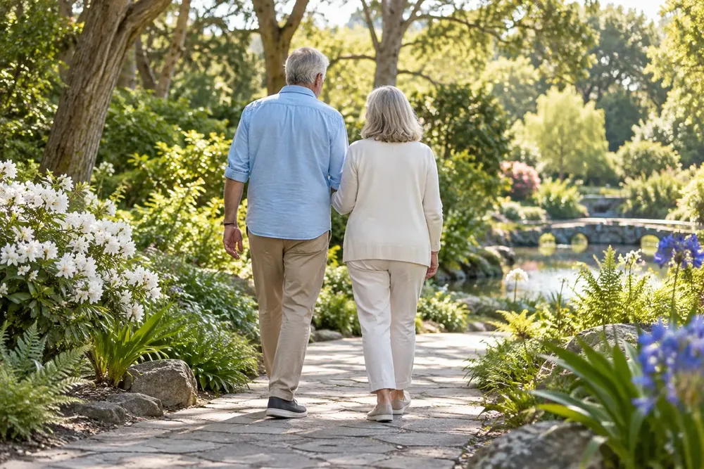 A couple walking together through a garden