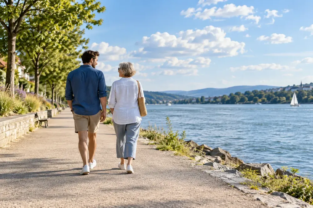 Two adults walking along an open riverside path