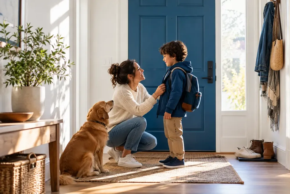 An adult and child beside a sunlit blue doorway