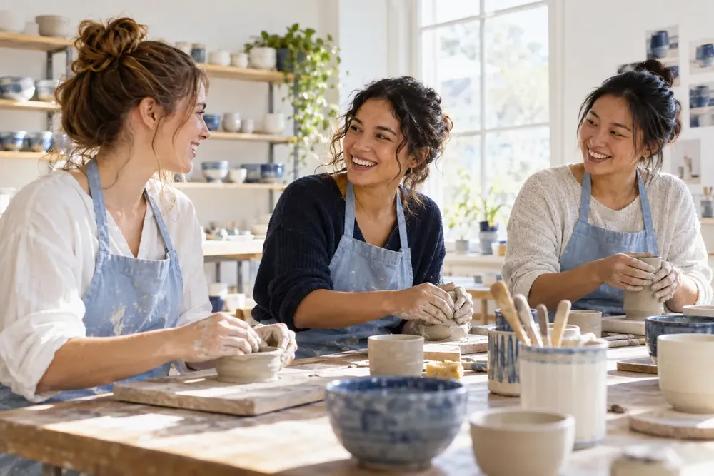 Adults talking during a community pottery class