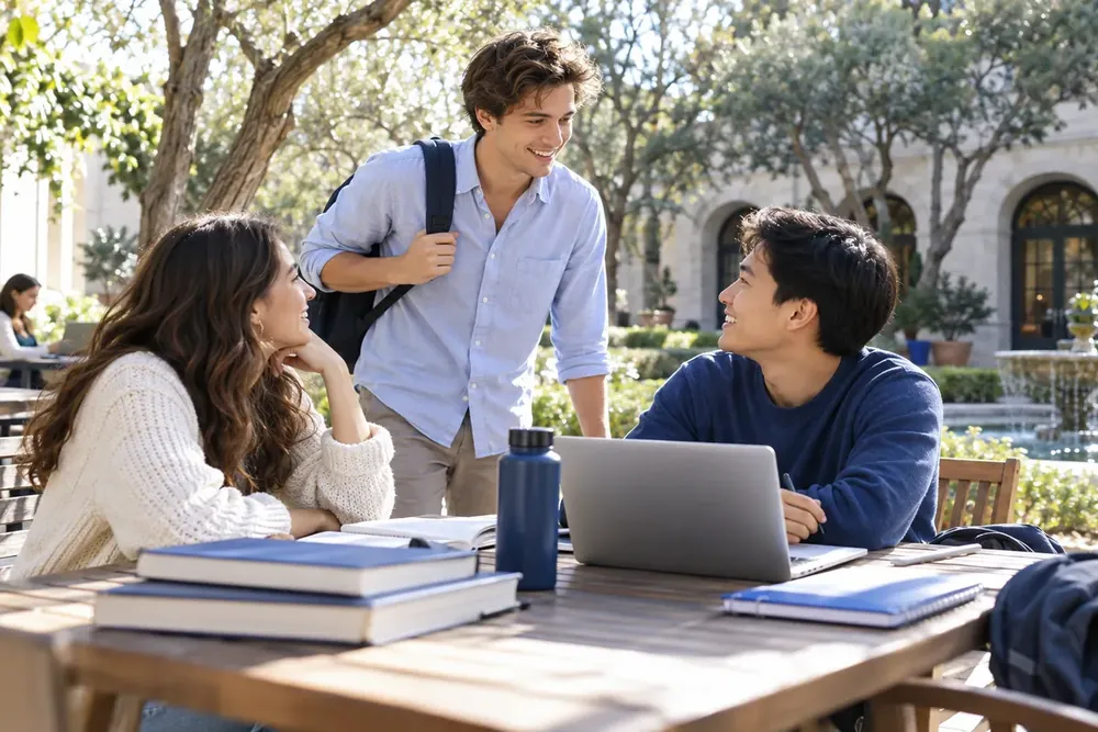 Friends meeting at an outdoor courtyard table