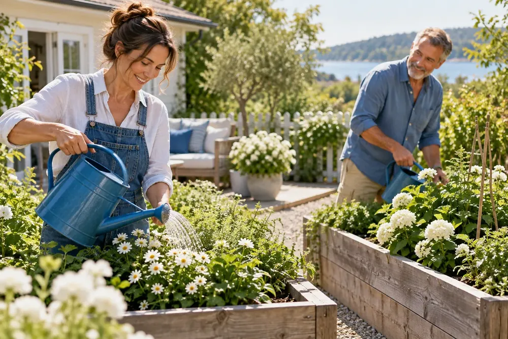 Two adults gardening in separate beds in a shared backyard