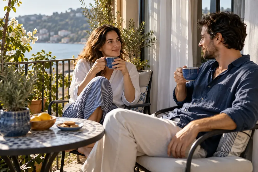 Two adults sharing tea on a sunny balcony