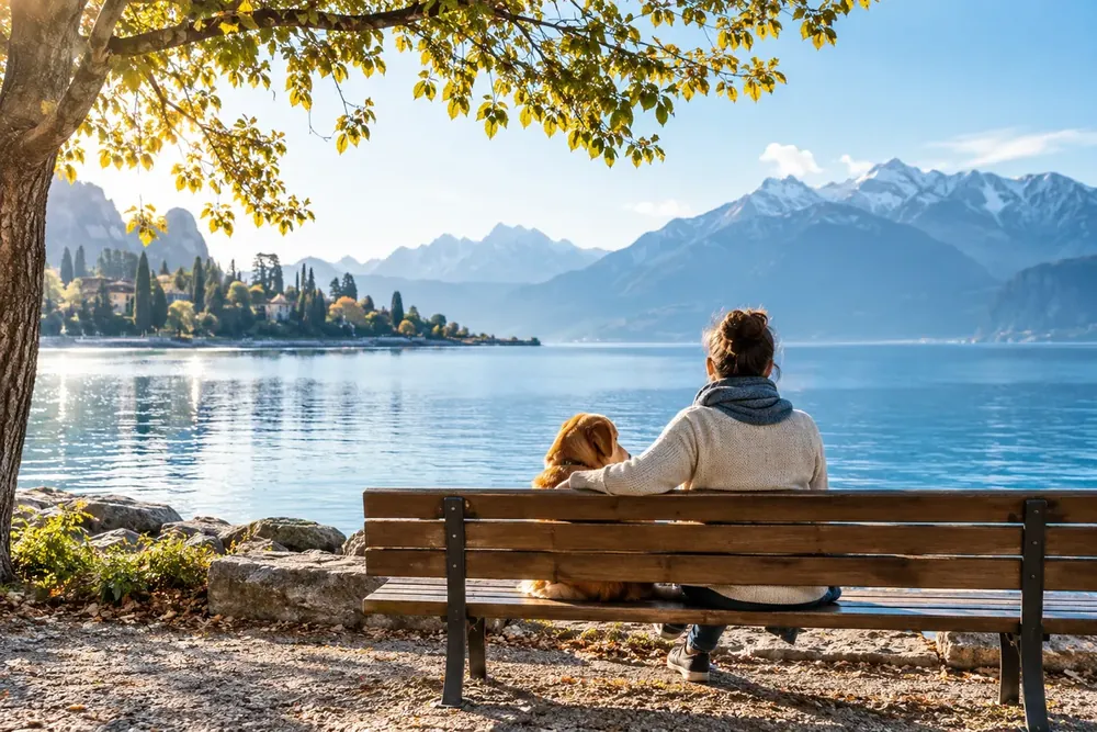 An adult sitting beside a peaceful lake