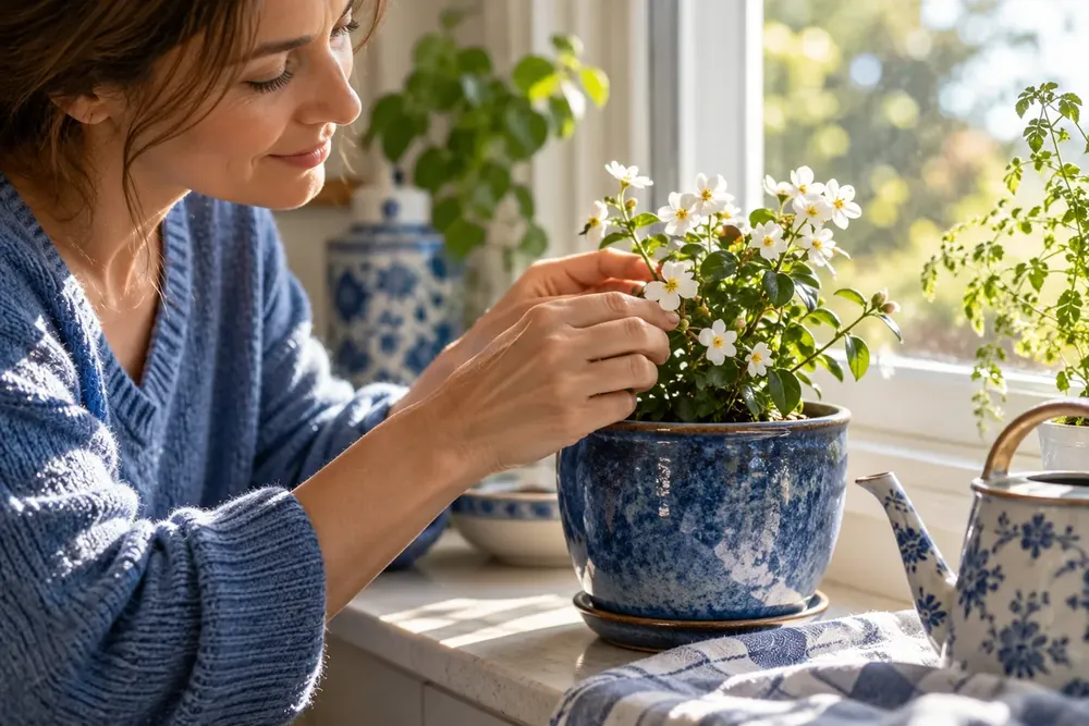 Hands tending a flowering plant by a window