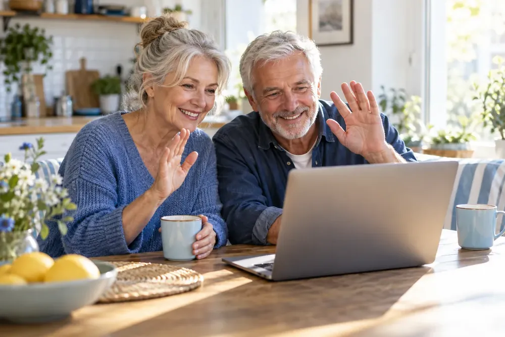 Two adults sitting together during a call at a kitchen table